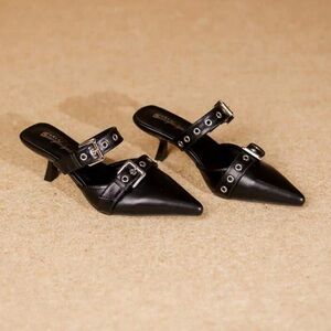 Double Buckle Pointed Toe Mule Heels For Women, Black Heels